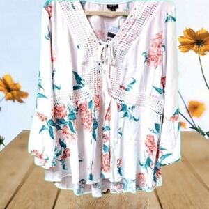 TORRID NEW Plus Size White Floral LongSleeve Crinkle Gauze Lace-Up Babydoll.